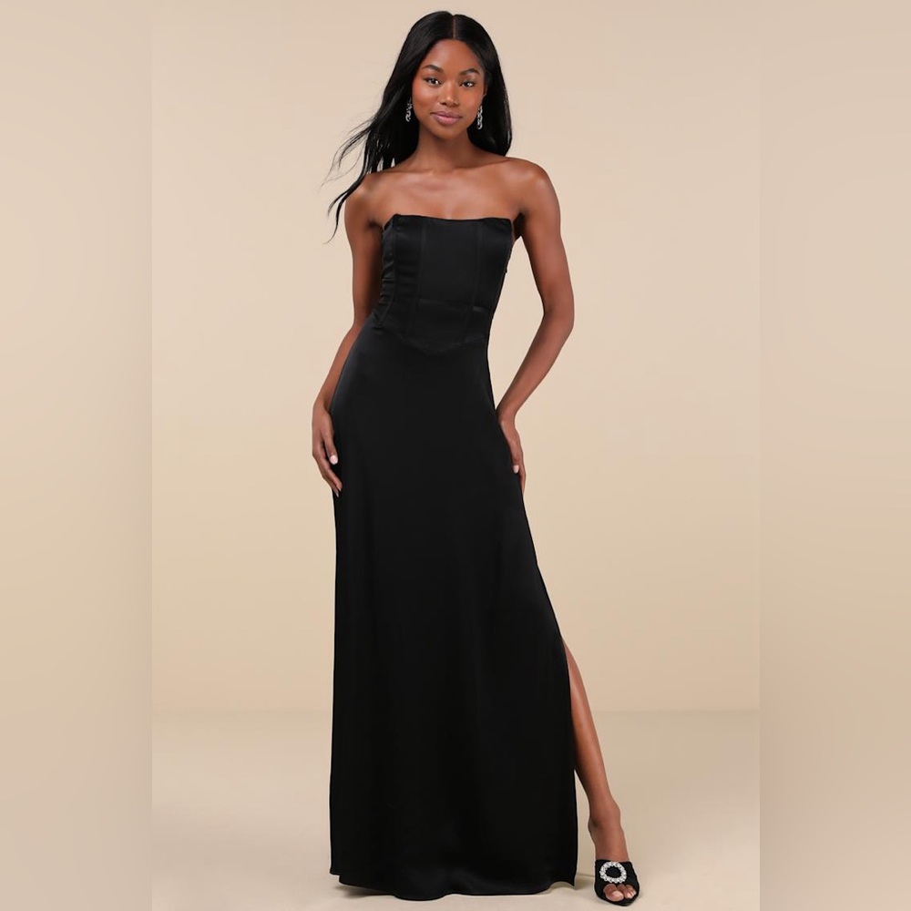Extraordinary Presence Black Satin Strapless Maxi Dress